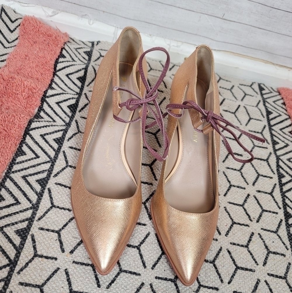Anthropologie Metallic Rose Gold Pointed Toe Heels with Mauve Ties - Picture 7 of 16
